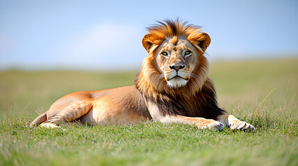 Relaxed lion lying on green grass in a peaceful natural setting, capturing the calm presence of a big cat in the wild surrounded by serene wilderness and soft sunlight