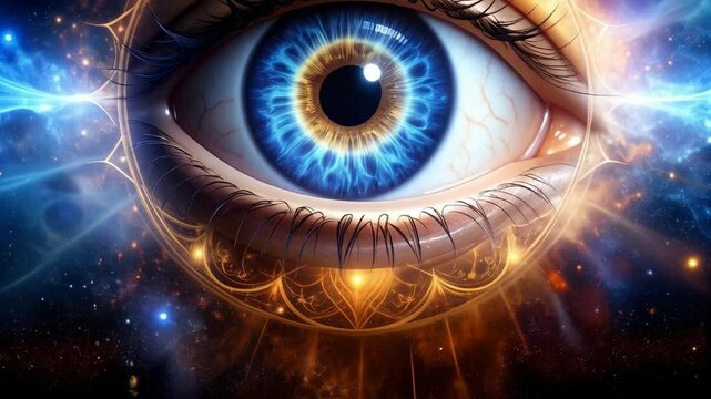Enchanting close-up of a bright blue eye with a golden iris surrounded by glowing ethereal energy and cosmic starlight