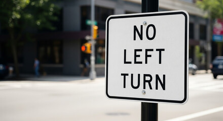 No left turn traffic sign posted at city road intersection