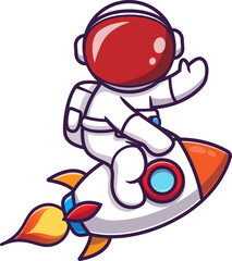 Cute astronaut riding rocket in space with waving hand cartoon vector icon illustration science tech