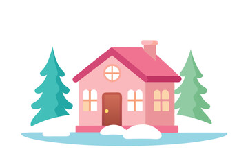 Small Pink House in Snow Line Drawing