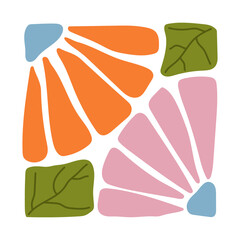 Abstract colorful floral composition with orange and pink flower petals and green leaves. Hand-drawn botanical design in modern boho style. Great for textile, digital art, decor, and craft projects.