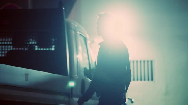 Secret agent or spy operation suspicious activity hiding tracking device on car. Man secretly in undercover way plants gps location technology tracker to truck or vehicle at night in dark street alley