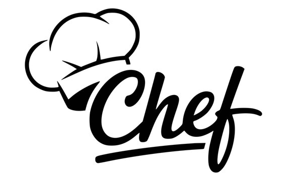 Elegant black and white chef logo featuring a classic toque and handwritten typography for culinary professionals