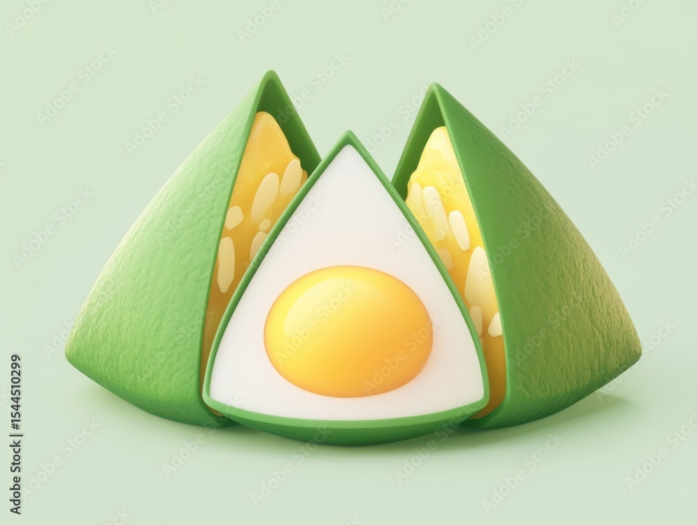 Fototapete a cartoon zongzi icon, simple shape, green and yellow color scheme, 3d rendering style, solid pale g