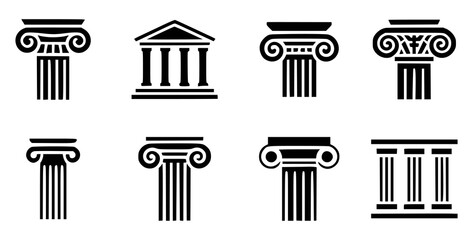 Vector illustration of various detailed classic architectural columns and temple silhouette in black