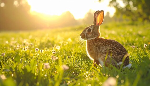 A wild brown rabbit sits in a sunlit meadow surrounded by small wildflowers at dawn peacefully.