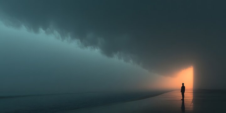 Mensch am Horizont vor dramatischer Wolkenwand mit Lichtspalt
