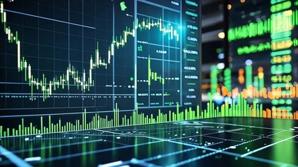 Futuristic digital trading dashboard showing green candlestick chart and live financial data with glowing analytics interface. Business concept - Powered by Adobe