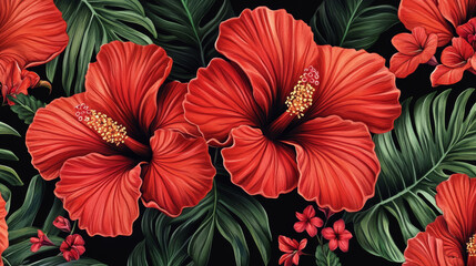 Obraz premium Vibrant red hibiscus flowers with lush green leaves create stunning tropical scene