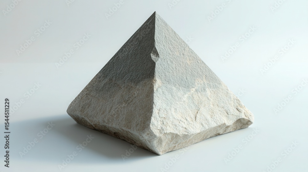 Poster natural stone pyramid sculpture with textured surface casting soft shadows on a light background, id