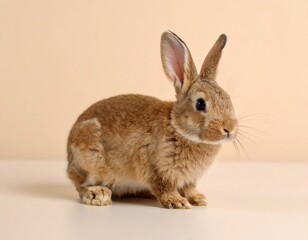 Fototapeta premium Close-up of a brown rabbit with soft fur posing on a plain beige background with subtle soft