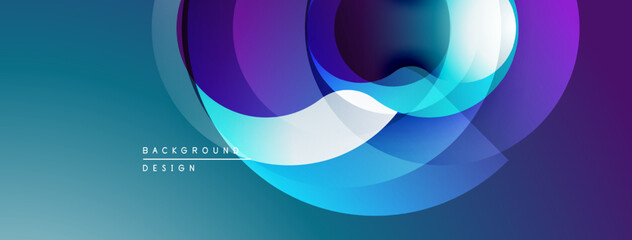 Abstract layers create dynamic visual effect. Blue, purple hues blend smoothly, forming circular shapes. Modern design element.
