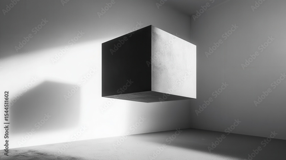 Poster minimalist black and white floating cube in empty room with soft light and shadow play for abstract 