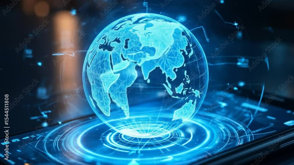 Poster futuristic smartphone features digital holographic globe with advanced interface elements on slim sc