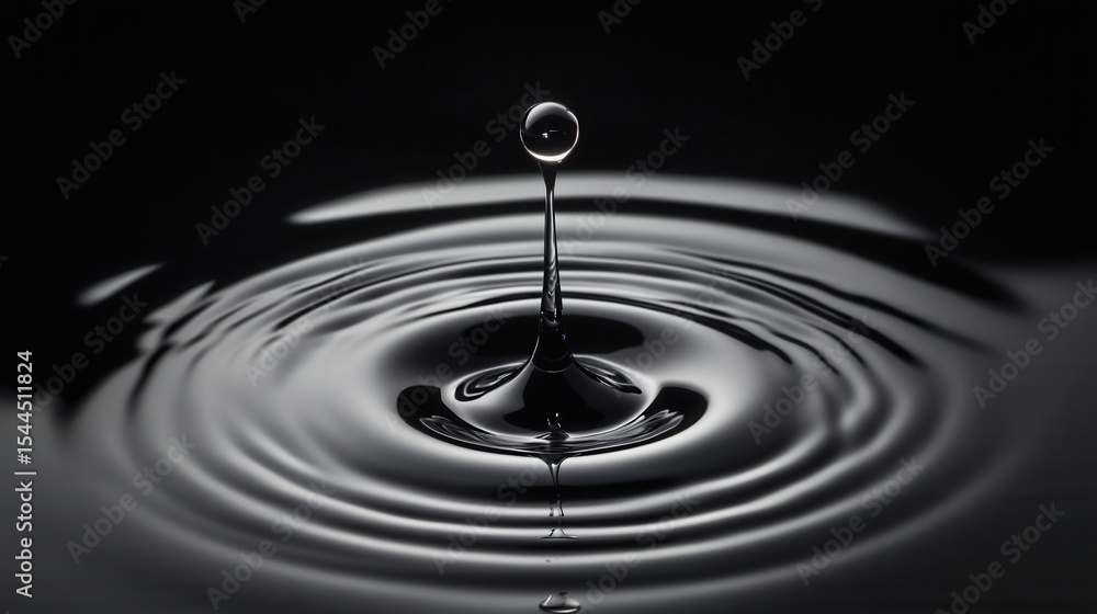 Poster water droplet splashing on black surface creating ripples and texture in dark environment