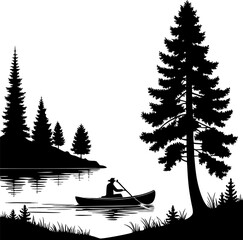 Silhouette Illustration of Canoeing on a Lake; Kayaking vector silhouette illustration; A man in a boat with a silhouette of a man rowing a canoe