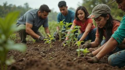 A group of young volunteers planting tree saplings in a field as part of a reforestation or environmental conservation project.