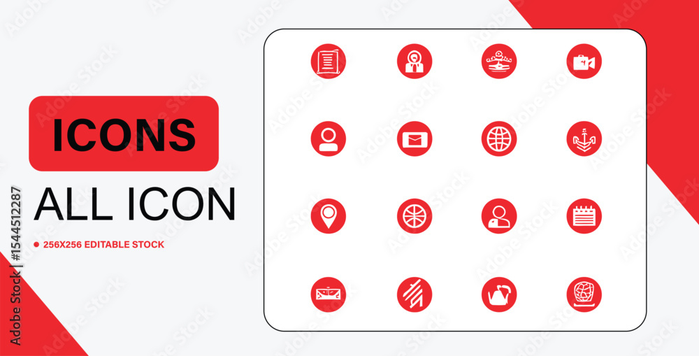 Poster red and white icon set featuring various symbols for web and mobile