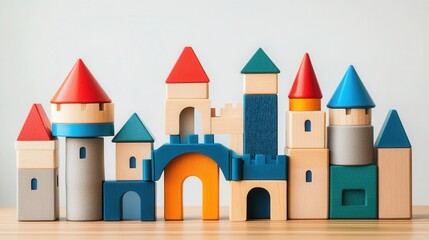 Colorful Wooden Toy Blocks Arranged to Form an Imaginative Castle Structure with Different Shapes and Sizes for Creative Play