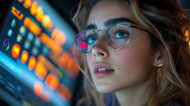Close up of teacher watching online webinar about incorporating new technology into curriculum focusing their expression while viewing content screen Use controlled indoor lighting avoid screen glare - Powered by Adobe