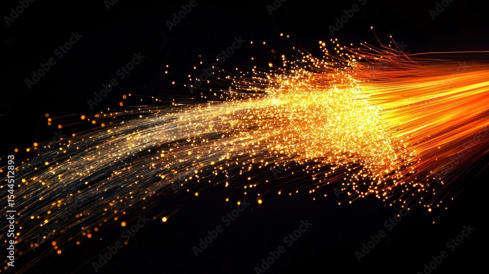 Poster a stream of orange and yellow light beams emitting from a black background, creating a dynamic and v