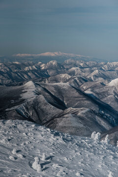 Snow-covered Ōu Mountain range, Yamagata, Japan.