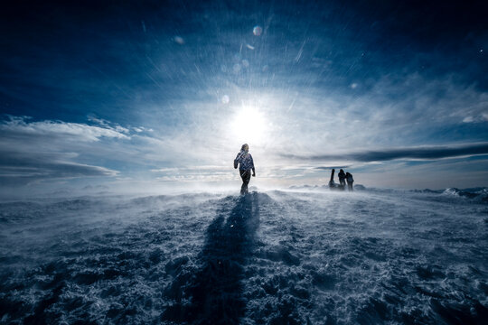 Hiker in blowing snow on Mt. Zao, Yamagata Prefecture, Japan.