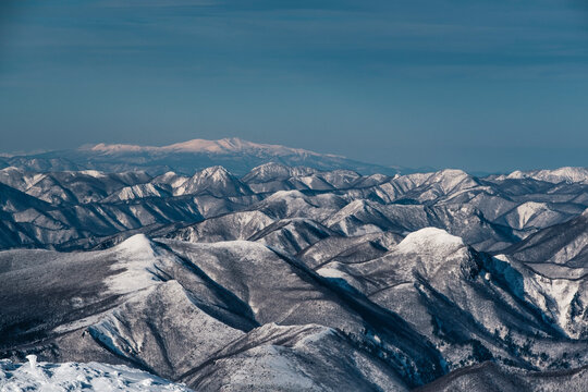 Snow-covered Ōu Mountain range viewed from Mt. Zao
