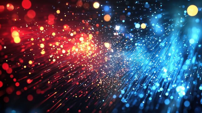 A vibrant, colorful abstract background featuring a mix of red, blue, and yellow lights with a black background.