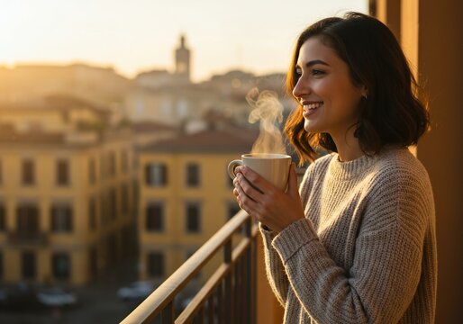 Woman enjoying a warm drink on a balcony at sunrise - Powered by Adobe
