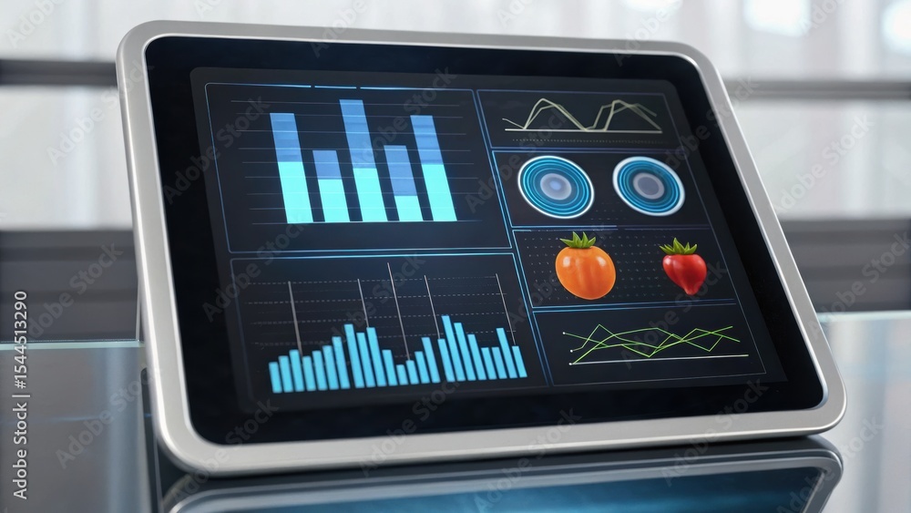 Poster digital tablet displaying colorful data visualizations, including graphs and fruit images, on a slee
