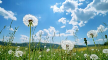 A dandelion seed head with a fluffy white puff in the foreground, against a backdrop of a blue sky with white clouds.