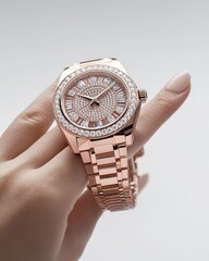 Woman's hand holding a rose gold and diamond watch