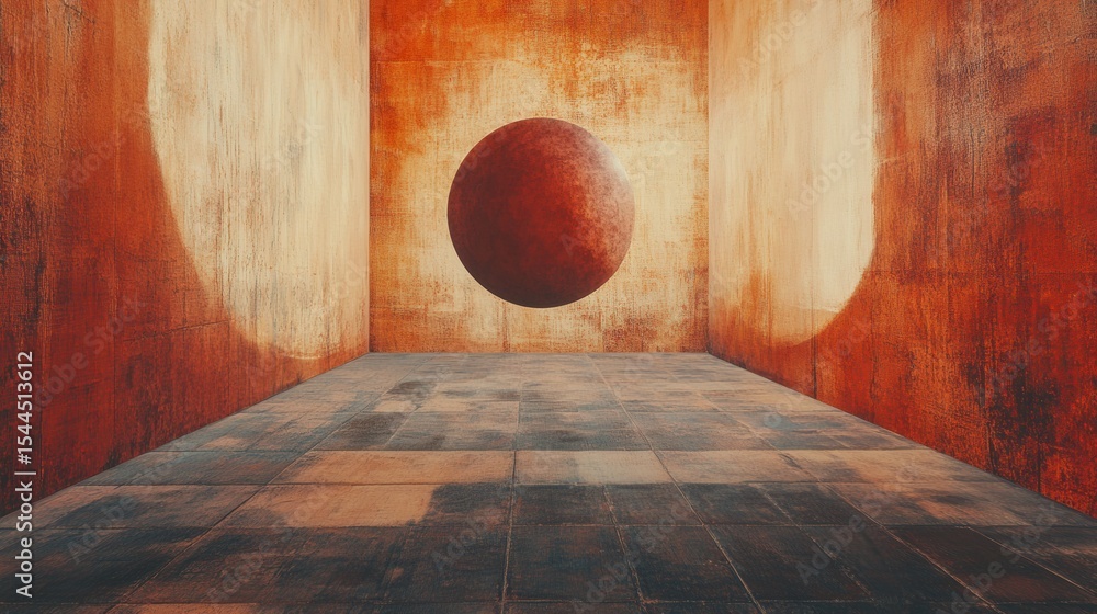 Poster abstract 3d render of floating sphere in textured room with warm orange and brown tones