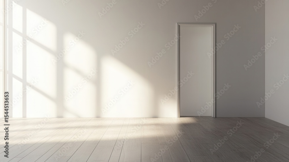 Aufkleber minimalist interior space featuring an empty room with a door illuminated by soft sunlight streaming