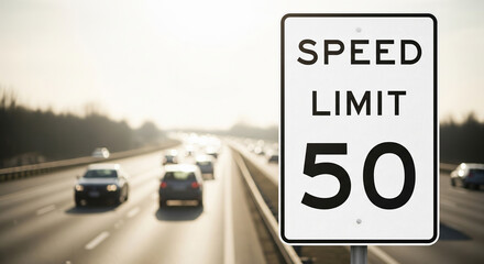Speed limit 50 signpost on highway with moving cars at sunset
