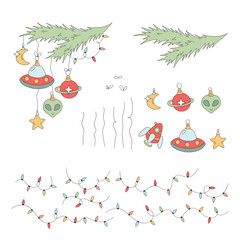 Retro Groovy Christmas Tree Decorations from Outer Space Vector Illustration set of Ornaments Shaped Like Spaceships, Aliens, Rockets, and Planets. Perfect for holiday greeting cards, posters