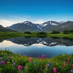 Mountain lake reflection with wildflowers landscape scenery