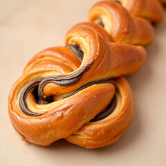 Deliciously twisted Polish babka pastry with rich chocolate swirls and a golden crust on a neutral background