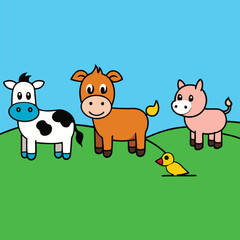 Naklejka premium cartoon farm animals in green fields.eps