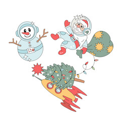 Retro Groovy Outer Space Christmas Vector Illustration set of Santa in Spacesuit with Gift Sack, Astronaut Snowman, Rocket Carrying a Christmas Tree. Great for holiday cards, posters, stickers