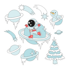Retro Groovy Outer Space Christmas Vector Illustration set of Astronaut Ice Skating on Saturn Rings, Snowman Saturn, Icy Planets, Frozen Christmas Tree. Perfect for holiday cards, posters, stickers