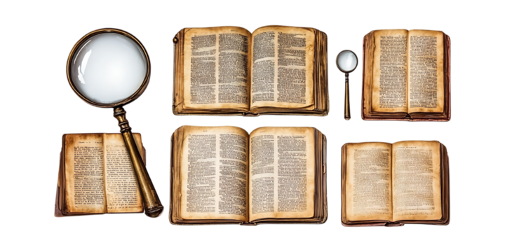 Pack Collection Magnifying Glass  Antique Books A Research Concept set against transparent background