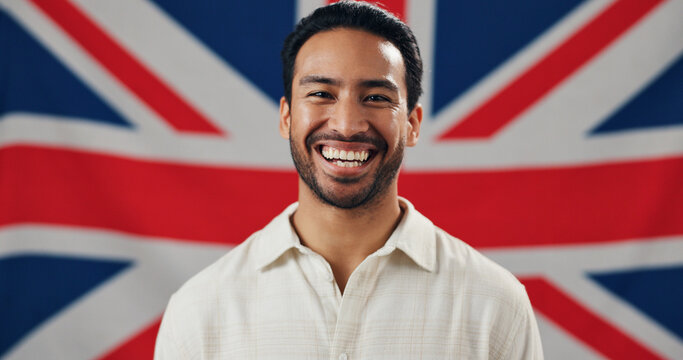 British flag, patriot and portrait of happy man with pride, confidence and country loyalty. Britain, heritage and person laughing with United Kingdom symbol for nationality, citizenship or patriotism
