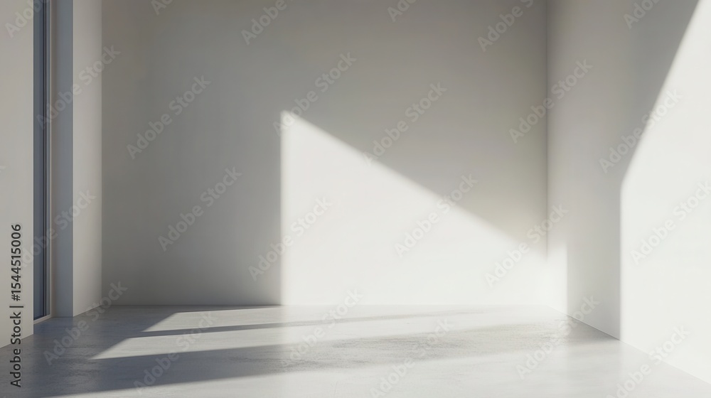Poster minimalist interior space with natural light casting shadows on white walls and smooth floor in an e