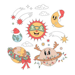 Retro Groovy Outer Space Christmas Vector Illustration Saturn with Deer Antlers, Sun in Xmas Tree Glasses, Crescent Moon and Earth in Santa Hats, Wreath Ringed Planet. Perfect for holiday greeting