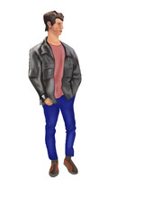 A full-length portrait of a man walking down the street