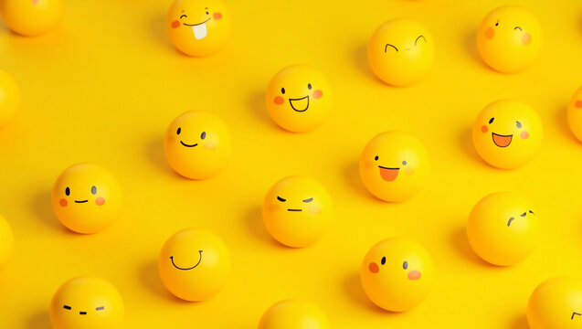Many yellow balls with smiling faces. Social media and communications concept background.