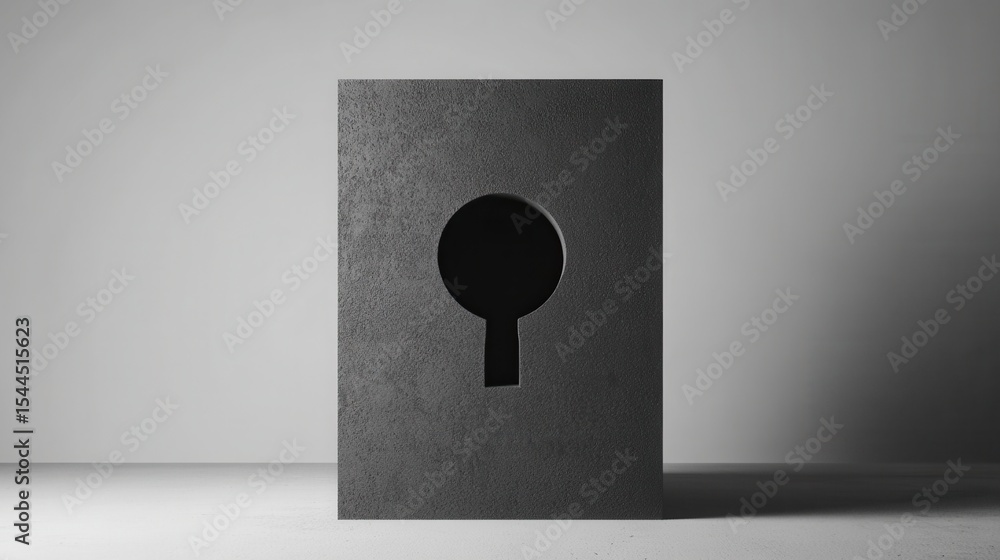 Poster abstract black and white minimalist artwork featuring a keyhole shape cutout in a textured rectangle